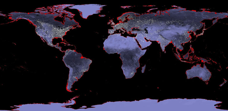 Küresel ısınmadan dolayı eriyecek buzulların yükselteceği sulardan en çok etkilenecek bölgeler haritada kırmızıyla işaretli.