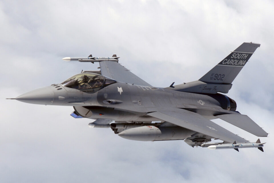 F-16 pilot from the 169th Fighter Wing, South Carolina Air National Guard flies a training mission in the KIWI MOA airspace over the cost of North Carolina Cost . (U.S. Air Force photo SMSgt Thomas Meneguin)