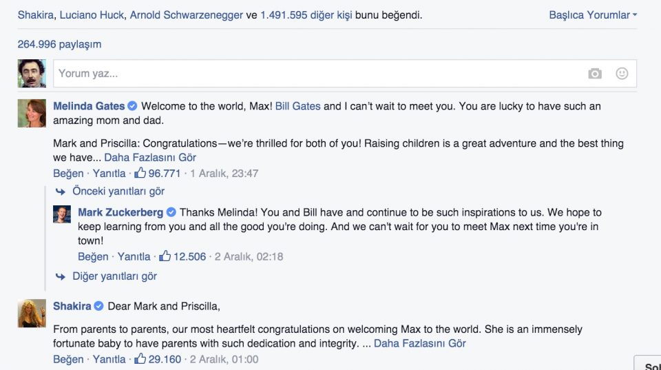 Zuckerberg'in kızı için yazdığı ve Facebook'ta paylaştığı mektup beğeni rekorları kırdı. 110 binin üstünde yorum alan paylaşıma gelen yorumlar da adeta bir şöhretler galerisi.
