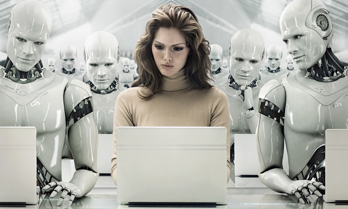 Businesswoman Surrounded by Robots