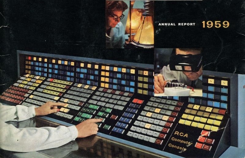 Rengarenk, ışıl ışıl bu buton cenneti Amerikan Radyo Kurumu'nun 1959 tarihli yıllık raporunun kapağını süslüyordu.